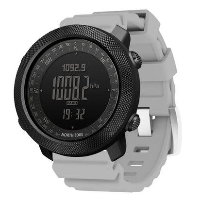 NORTH EDGE Men's sport Digital watch Hours Running Swimming Military Army watches Altimeter Barometer Compass waterproof 50m with black round face and gray adjustable silicone strap.