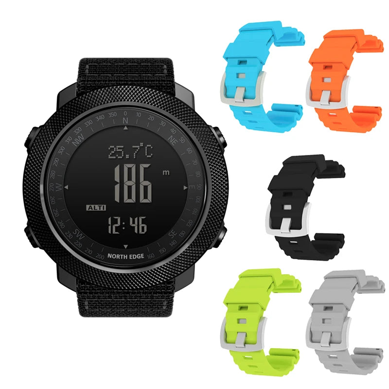 NORTH EDGE Men's sport Digital watch Hours Running Swimming Military Army watches Altimeter Barometer Compass waterproof 50m with black digital face and five interchangeable colorful straps.