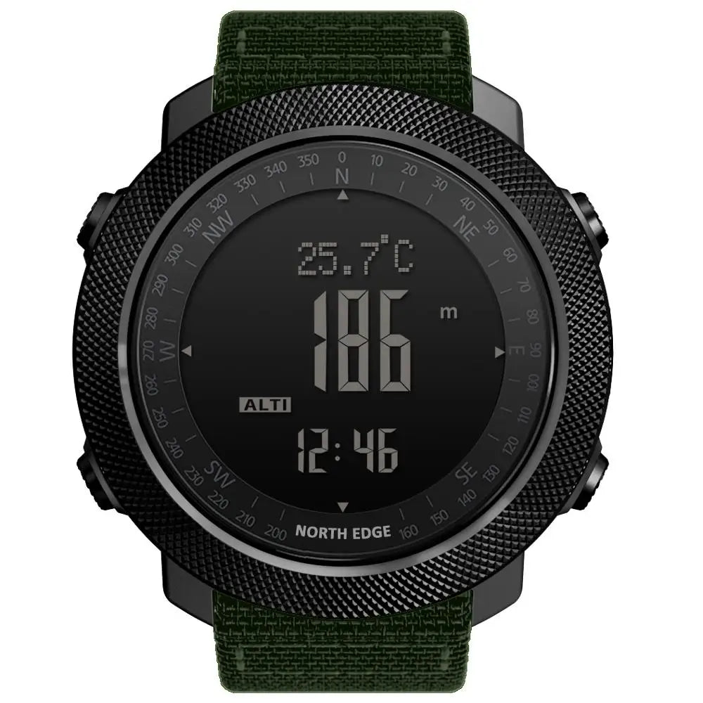 NORTH EDGE Men's sport Digital watch Hours Running Swimming Military Army watches Altimeter Barometer Compass waterproof 50m with black textured bezel and green fabric strap displaying altitude, temperature, and time.
