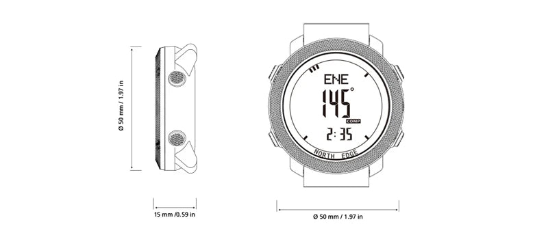 Diagram showing dimensions of NORTH EDGE Men's sport Digital watch Hours Running Swimming Military Army watches Altimeter Barometer Compass waterproof 50m with a round digital display and side buttons.