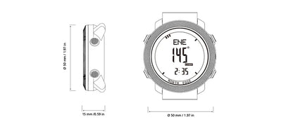Diagram showing dimensions of NORTH EDGE Men's sport Digital watch Hours Running Swimming Military Army watches Altimeter Barometer Compass waterproof 50m with a round digital display and side buttons.