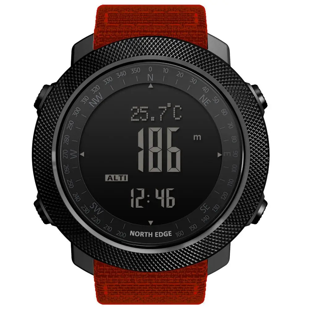 NORTH EDGE Men's sport Digital watch Hours Running Swimming Military Army watches Altimeter Barometer Compass waterproof 50m with black textured bezel and red fabric strap showing altitude, temperature, and time on digital display.