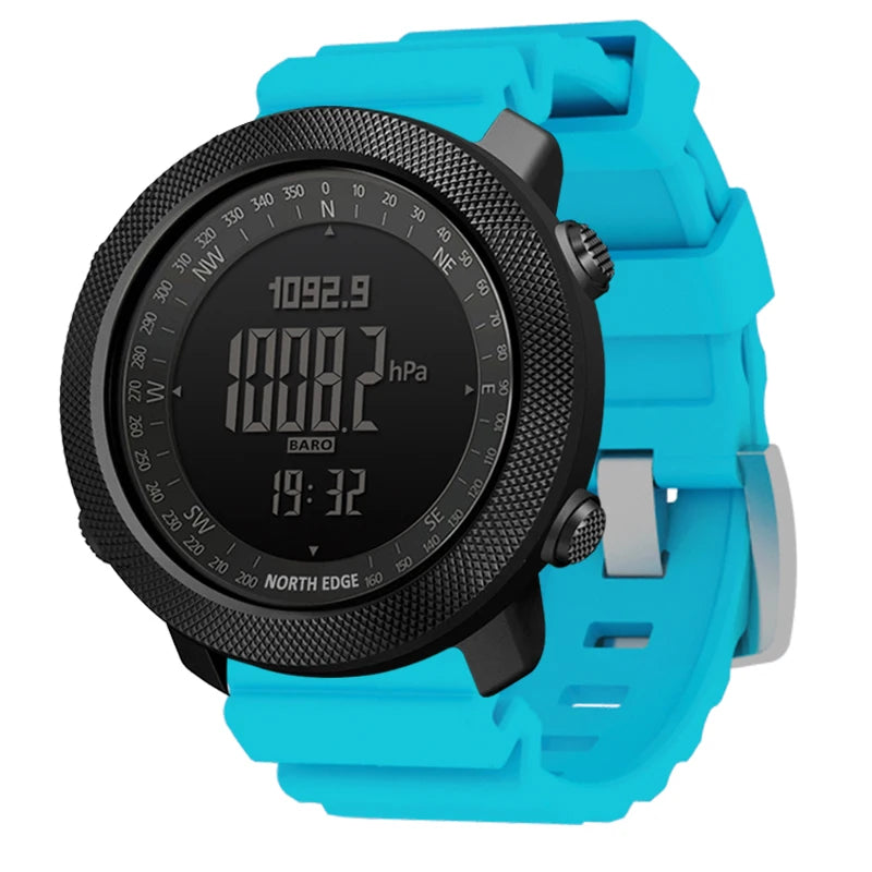 NORTH EDGE Men's sport Digital watch Hours Running Swimming Military Army watches Altimeter Barometer Compass waterproof 50m with black round face and bright blue adjustable silicone strap.