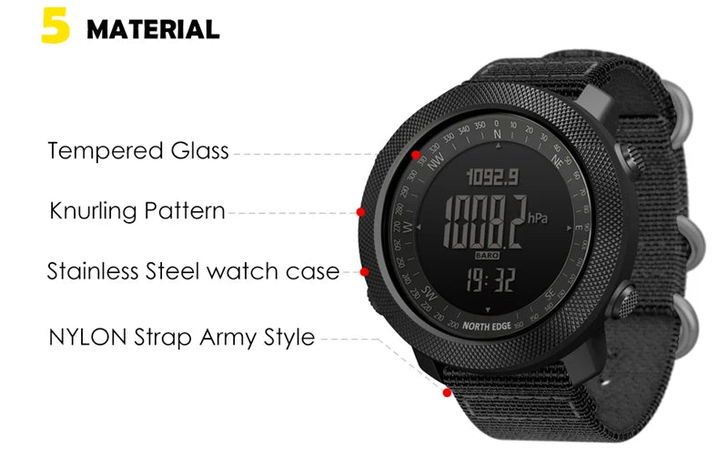 NORTH EDGE Men's sport Digital watch Hours Running Swimming Military Army watches Altimeter Barometer Compass waterproof 50m with tempered glass, knurled stainless steel case, and black nylon army style strap.