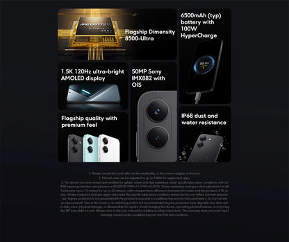 Global Version POCO X8 Pro Smartphone MTK Dimensity 8500-Ultra 6500mAh Battery 6.59" 1.5K 120Hz AMOLED Display 50MP Camera highlighting flagship chipset, battery with fast charging, premium display, advanced camera, and water resistance.