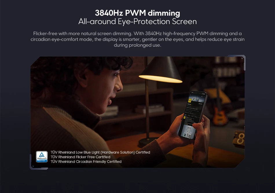 Person using Global Version POCO X8 Pro Smartphone MTK Dimensity 8500-Ultra 6500mAh Battery 6.59" 1.5K 120Hz AMOLED Display 50MP Camera in a dimly lit room, highlighting its eye-protection screen with 3840Hz PWM dimming.