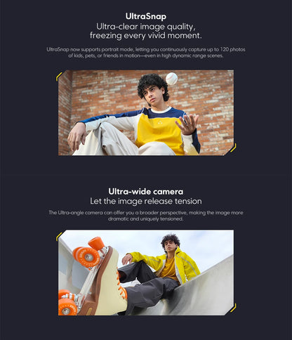 Promotional image showcasing the Global Version POCO X8 Pro Smartphone MTK Dimensity 8500-Ultra 6500mAh Battery 6.59" 1.5K 120Hz AMOLED Display 50MP Camera highlighting UltraSnap and ultra-wide camera features with young man in vivid outdoor scenes.