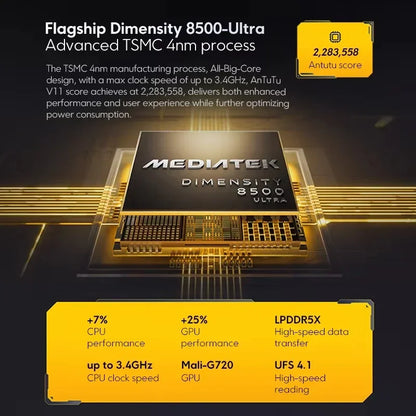 Global Version POCO X8 Pro Smartphone MTK Dimensity 8500-Ultra 6500mAh Battery 6.59" 1.5K 120Hz AMOLED Display 50MP Camera featuring advanced TSMC 4nm chip with up to 3.4GHz CPU and Mali-G720 GPU for enhanced performance and efficiency.