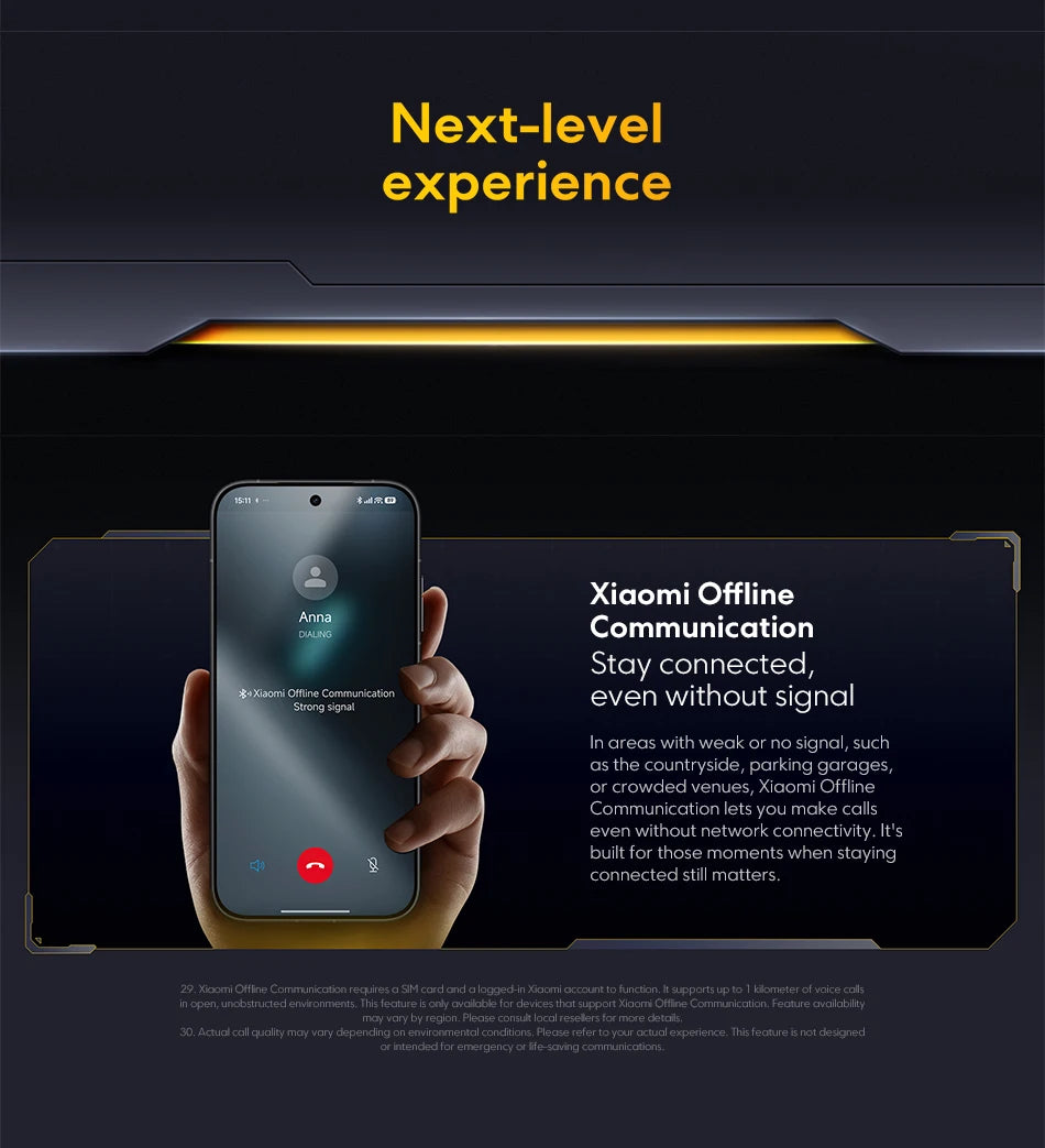 Global Version POCO X8 Pro Smartphone MTK Dimensity 8500-Ultra 6500mAh Battery 6.59" 1.5K 120Hz AMOLED Display 50MP Camera held in hand demonstrating Xiaomi Offline Communication feature for calls without signal.