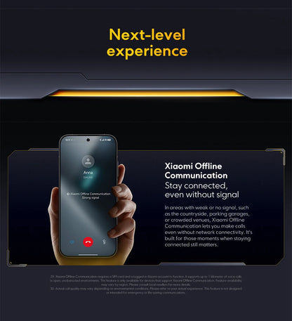 Global Version POCO X8 Pro Smartphone MTK Dimensity 8500-Ultra 6500mAh Battery 6.59" 1.5K 120Hz AMOLED Display 50MP Camera held in hand demonstrating Xiaomi Offline Communication feature for calls without signal.