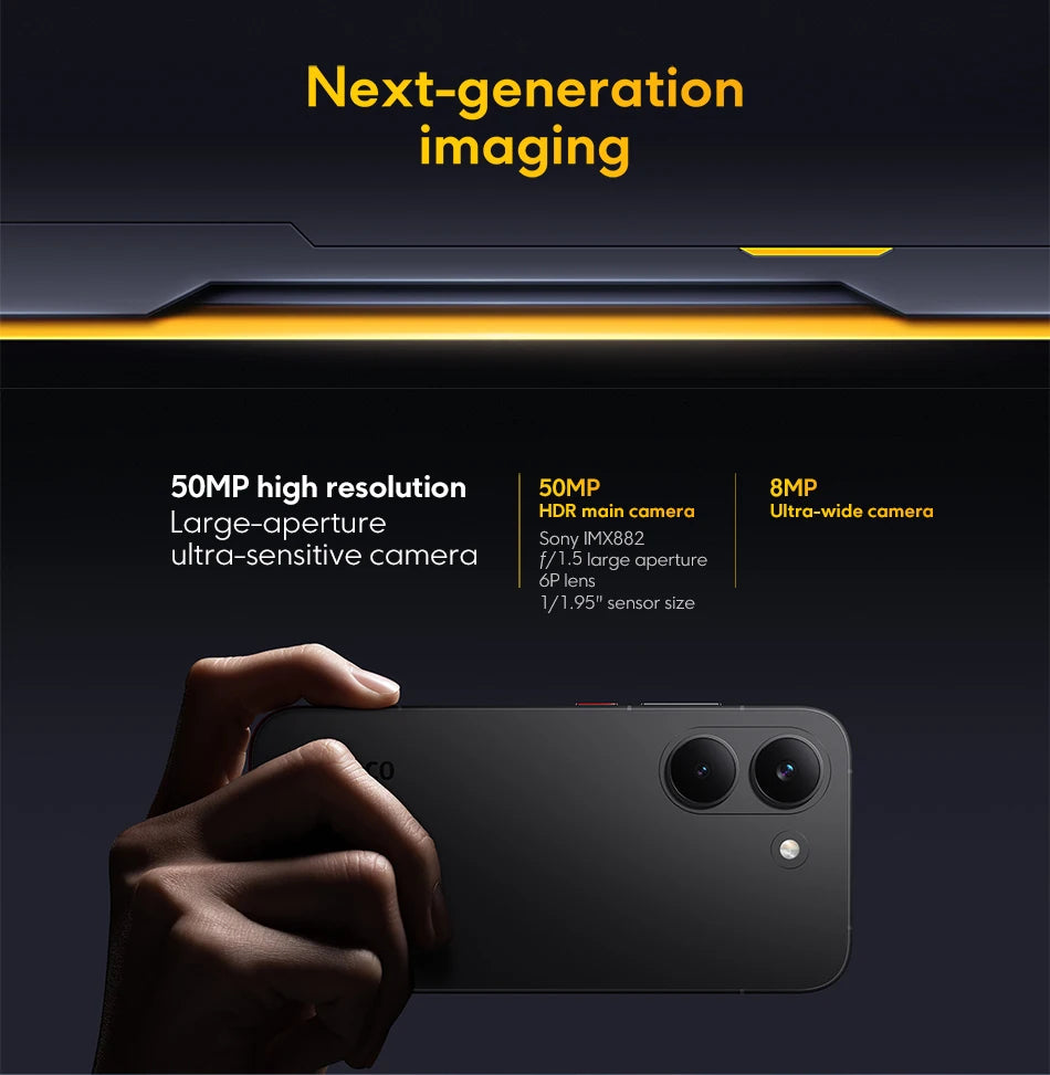 Hand holding Global Version POCO X8 Pro Smartphone MTK Dimensity 8500-Ultra 6500mAh Battery 6.59" 1.5K 120Hz AMOLED Display 50MP Camera showcasing its 50MP high resolution large-aperture ultra-sensitive main camera and 8MP ultra-wide camera.