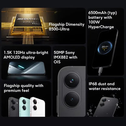 Global Version POCO X8 Pro Smartphone MTK Dimensity 8500-Ultra 6500mAh Battery 6.59" 1.5K 120Hz AMOLED Display 50MP Camera highlighting flagship processor, fast charging, premium design, and water resistance features.