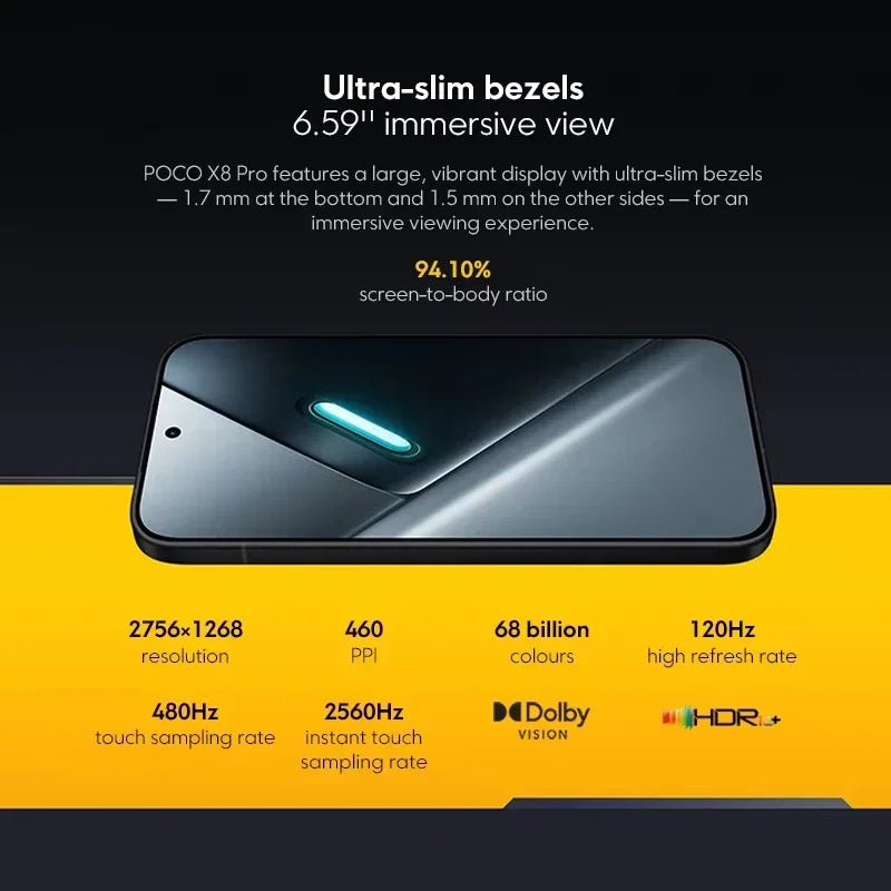 Global Version POCO X8 Pro Smartphone MTK Dimensity 8500-Ultra 6500mAh Battery 6.59" 1.5K 120Hz AMOLED Display 50MP Camera shown with ultra-slim bezels and immersive vibrant display features.