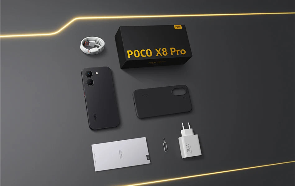 Global Version POCO X8 Pro Smartphone MTK Dimensity 8500-Ultra 6500mAh Battery 6.59" 1.5K 120Hz AMOLED Display 50MP Camera with accessories including charger, USB cable, phone case, and SIM ejector tool on a dark surface.