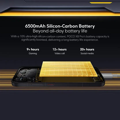 Battery illustration highlighting 6500mAh silicon-carbon battery performance for Global Version POCO X8 Pro Smartphone MTK Dimensity 8500-Ultra 6500mAh Battery 6.59" 1.5K 120Hz AMOLED Display 50MP Camera